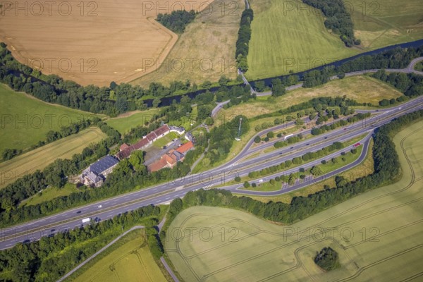 Aerial view, Haus Füchten, motorway A445 with parking Haus Füchten and parking Ruhr Valley,