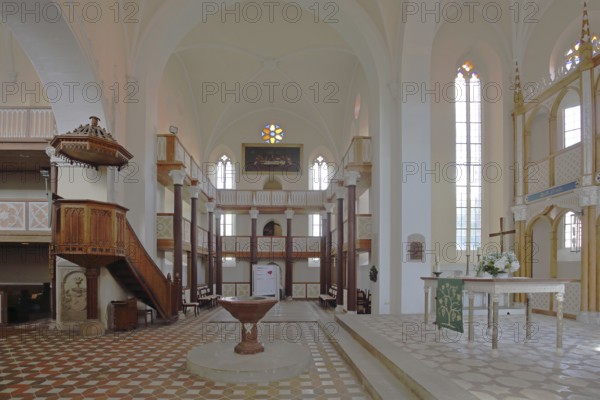 Chancel, baptismal font, pulpit with pulpit bonnet, gallery, interior view of the neo-Gothic St