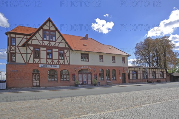 Historic railway station building, half-timbered house, Bad Salzelmen, Schönebeck, Saxony-Anhalt,