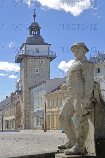 Historic salt tower and sculpture of the market fountain, town tower, Schönebeck, Saxony-Anhalt,