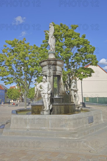 Market fountain with allegorical sculptures on the town's history, market square, Schönebeck,