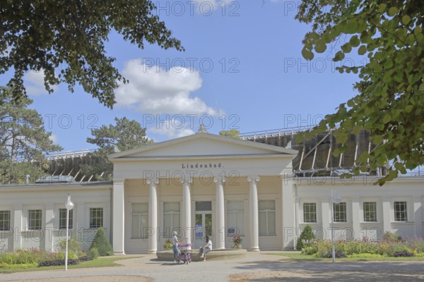 Classicist lime tree bath with columns, pedestrian, brine park, spa gardens, Bad Salzelmen,