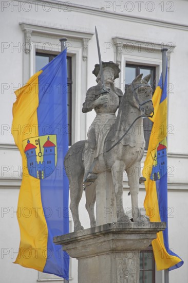 Roland statue with town flags, sculpture, equestrian figure, equestrian statue, market square, town