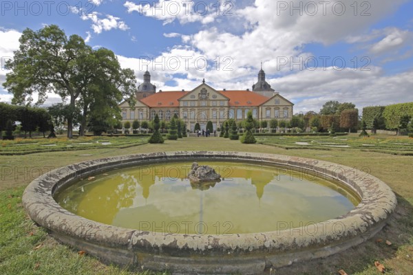 Baroque castle and fountain with baroque garden, water basin, park, Hundisburg, Haldensleben,