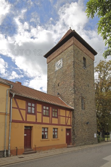 Historic Bülstring gate tower and half-timbered house, part of the former town fortifications, town