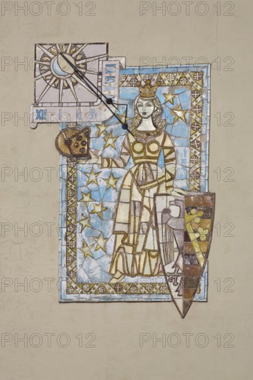 Town coat of arms with sundial, wall mosaic, female figure with shield and crown, detail, town