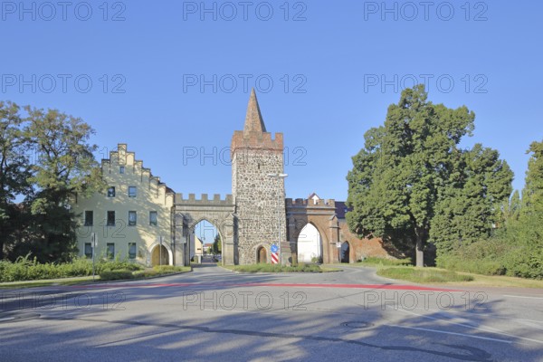 Historic Heath Gate with town wall and building with stepped gable, town fortification, town gate,