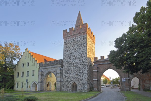 Historic Heath Gate with town wall and building with stepped gable, town fortification, town gate,
