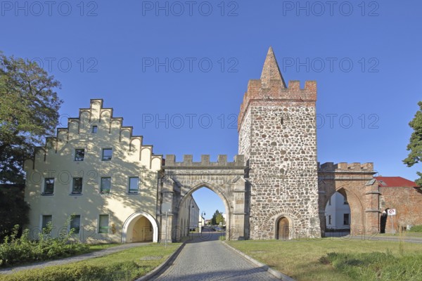 Historic Heath Gate with town wall and building with stepped gable, town fortification, town gate,