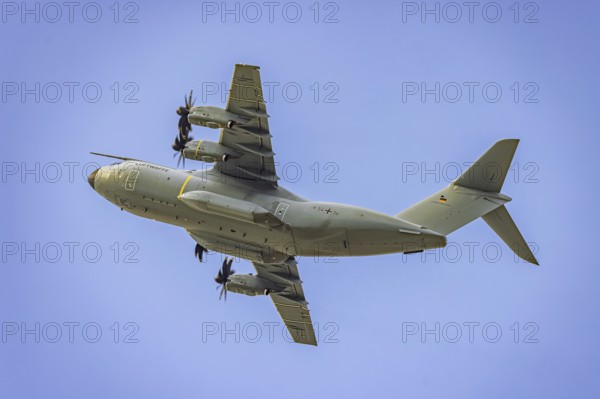 Military aircraft of the German Air Force. Airbus A400M climbing flight after take-off. Stuttgart,