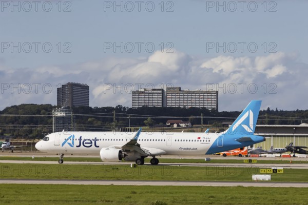 Aircraft at Stuttgart Airport. Aircraft registration number: TC-LUJ, AJet, Airbus A321neo.