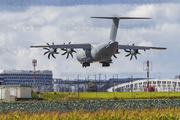 Military aircraft of the German Air Force. Airbus A400M approaching Stuttgart Airport. Stuttgart,
