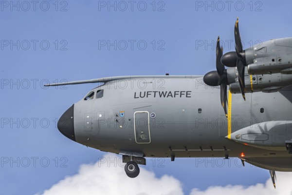 Military aircraft of the German Air Force. Airbus A400M approaching Stuttgart Airport. Stuttgart,