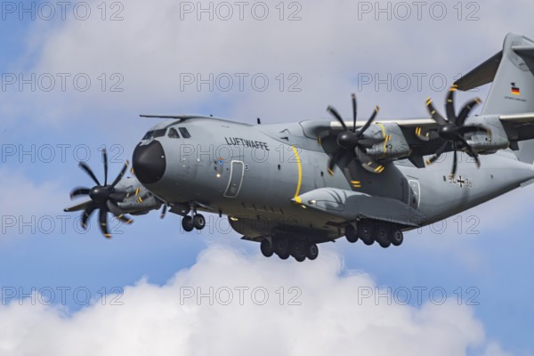 Military aircraft of the German Air Force. Airbus A400M approaching Stuttgart Airport. Stuttgart,