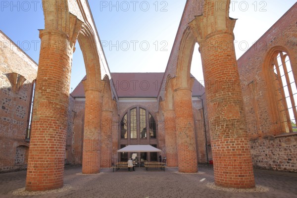 Interior view of St Bartholomew's Church ruins, columns, open, brick church, Zerbst, Fläming,