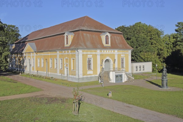Baroque town hall and monument to Russian Tsarina and Empress Catherine the Great, castle garden,