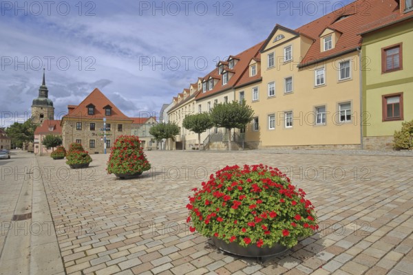 Market square with town hall and church tower of the town church, flower decoration, maypole,
