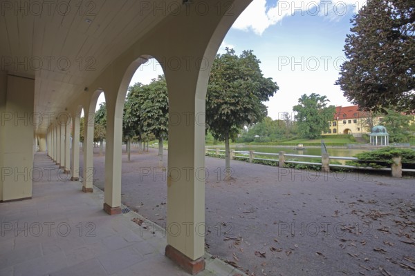 Colonnade in the spa park pond, Goethe Park, castle and pavilion, Bad Lauchstädt, Saxony-Anhalt,