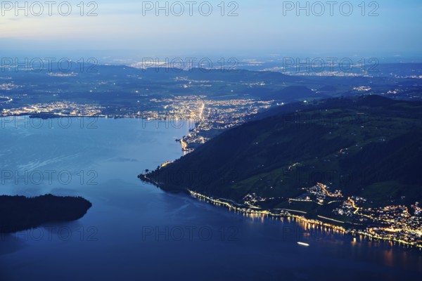 View from Rigi Kulm to the sea of lights with Lake Zug and the Kiemen, Walchwil, Canton Zug,