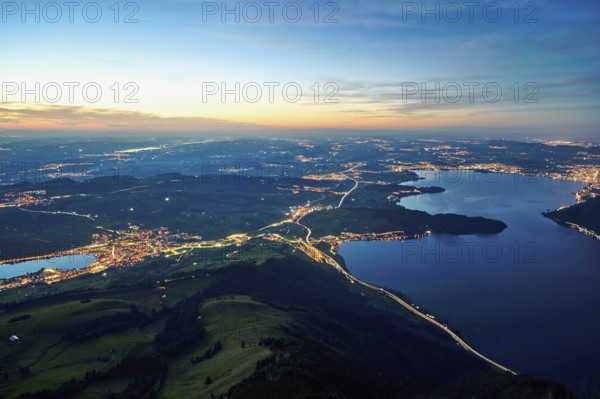View from Rigi Kulm to the sea of lights with the motorway, Lake Lucerne, Lake Zug, Küssnacht,