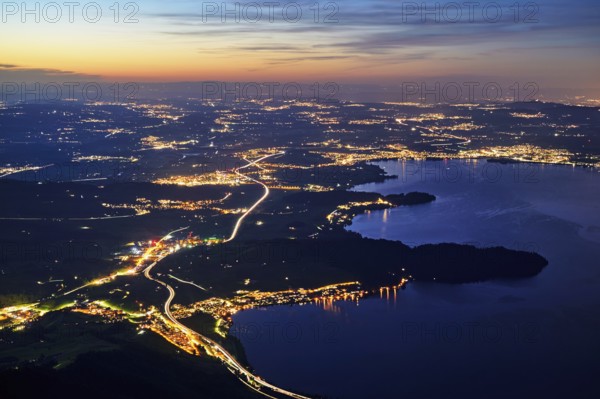 View from Rigi Kulm to the sea of lights with the motorway, Lake Zug, Immensee, Canton Schwyz,