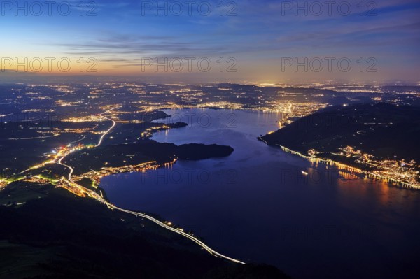 View from Rigi Kulm to the sea of lights with the motorway, Lake Zug, Immensee, Canton Schwyz,