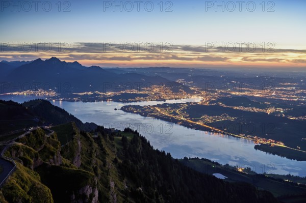 View from Rigi Kulm to the sea of lights, Lake Lucerne, Pilatus and the city, Lucerne, Canton