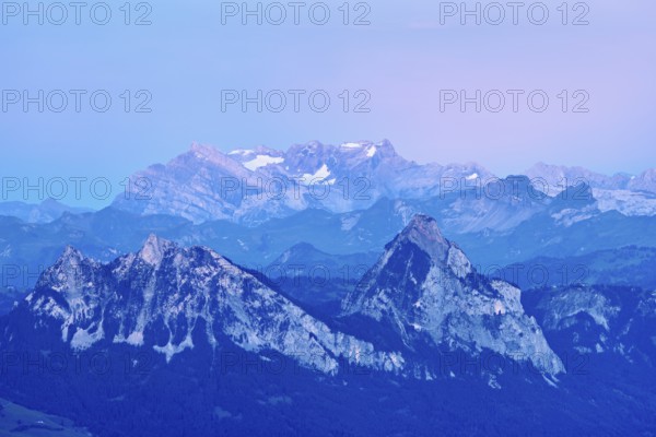View from Rigi Kulm to the small and large Mythen in the light of dusk, Canton Schwyz, Switzerland