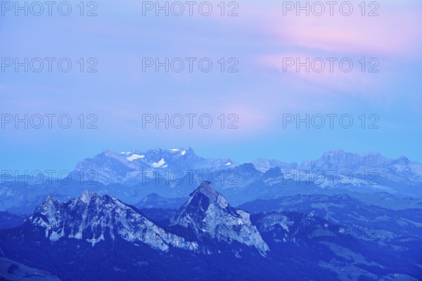 View from Rigi Kulm to the small and large Mythen in the light of dusk, Canton Schwyz, Switzerland