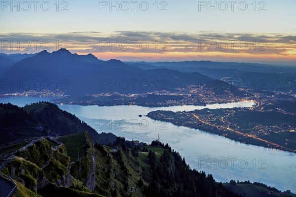 View from Rigi Kulm to the sea of lights, Lake Lucerne, Pilatus and the city, Lucerne, Canton