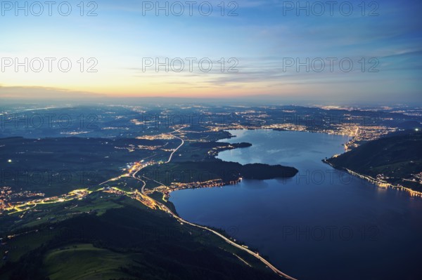 View from Rigi Kulm to the sea of lights with the motorway, Lake Zug, Immensee, Canton Schwyz,