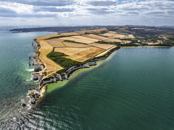 White Cliffs of Old Harry Rocks Jurassic Coast from a drone, Handfast Point, Dorset Coast, Poole,