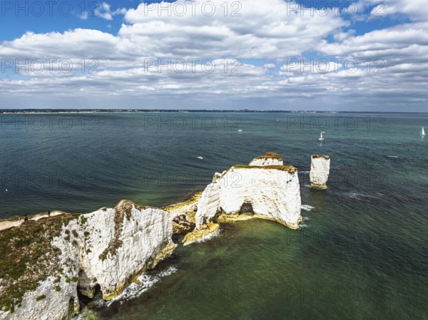 White Cliffs of Old Harry Rocks Jurassic Coast from a drone, Handfast Point, Dorset Coast, Poole,