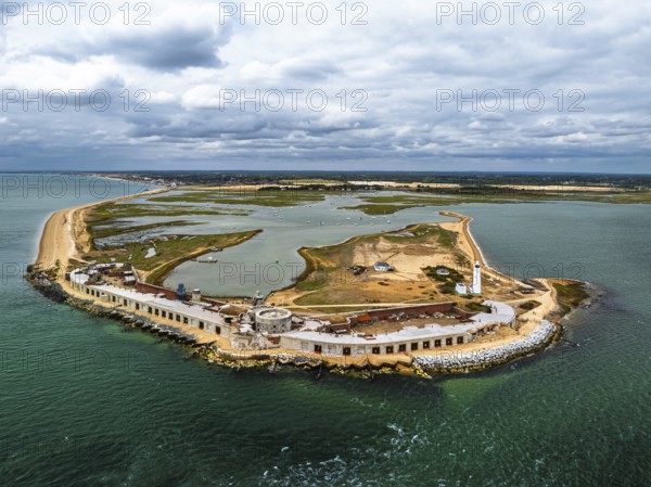 Hurst Point Lighthouse and Hurst Castle from drone over Hurst Spit, Milford on Sea, Lymington,