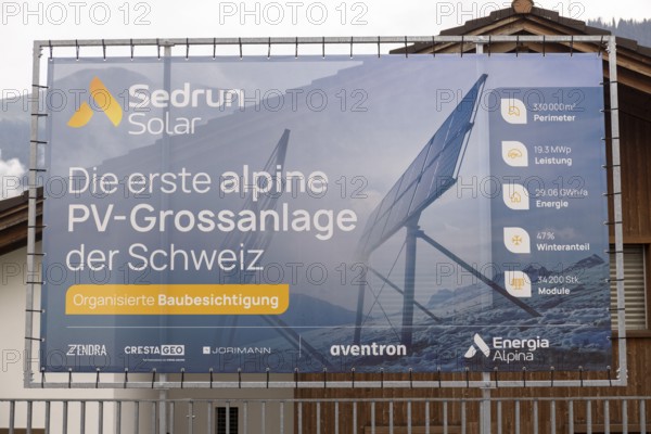 Advertising poster Sedrun Solar, the first large-scale alpine PV system, Sedrun, Tujetsch,