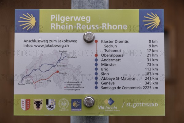 Information board on the Rhine-Reuss-Rhone pilgrimage route, Via Jacobi, Sedrun, Surselva,