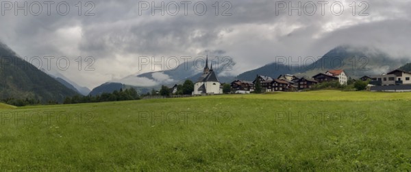 Village panorama Sedrun with view to the Oberalp Pass, Tujetsch, Surselva, Grisons, Switzerland