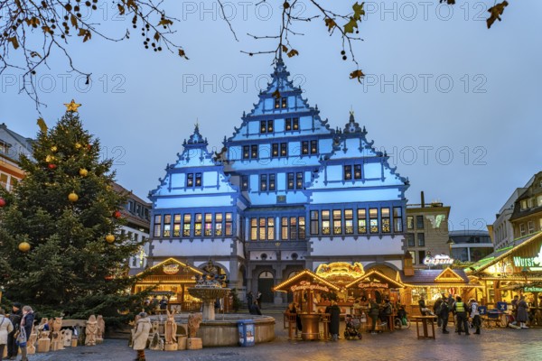 Christmas market at the colourfully illuminated Paderborn Town Hall at duskin Paderborn, North