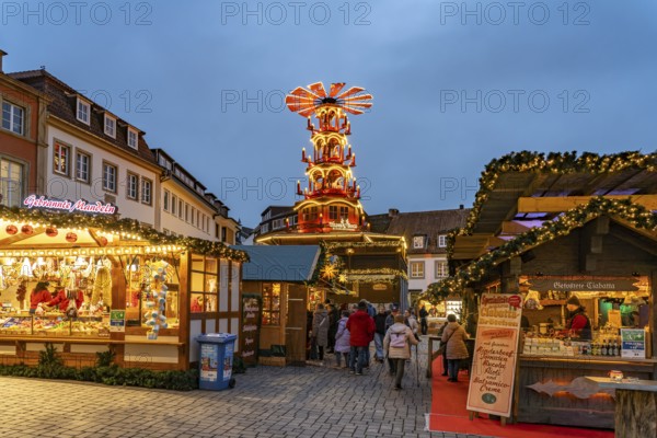Christmas pyramid at the Paderborn Christmas market at dusk, Paderborn, North Rhine-Westphalia,