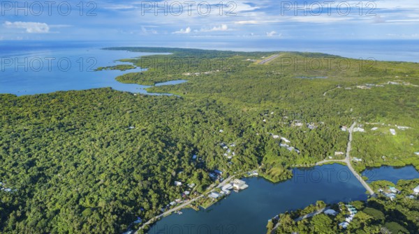Aerial view of northern part of Yap Island with small Yap Airport with runway in the centre,