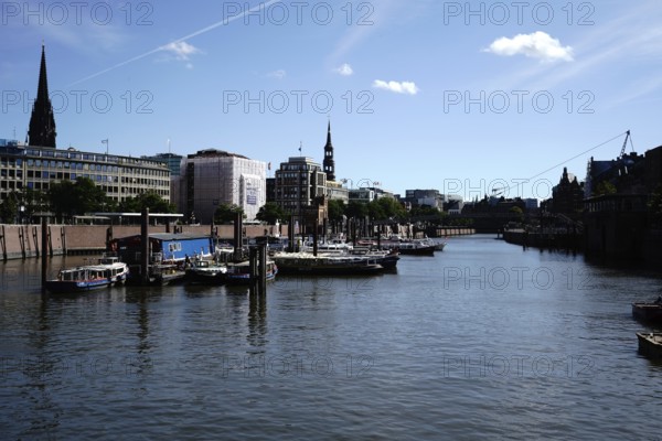 A quiet harbour with boats and modern architecture under a clear blue sky. View from the