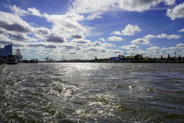 The Norderelbe with wavy water under a sunny sky, with urban background and silhouettes of cranes.