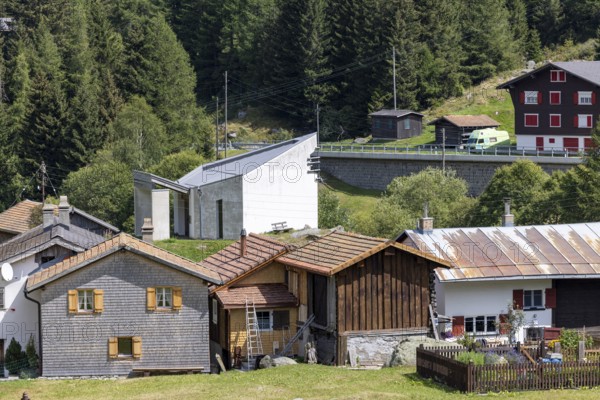 Hamlet with chapel of St James the Elder, Acla, Curaglia, Val Medel, Graubünden, Switzerland