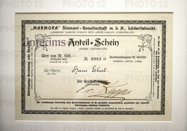 Share certificate of the Lüderitzbucht Diamond Company, exhibit in the Jasper House Museum,