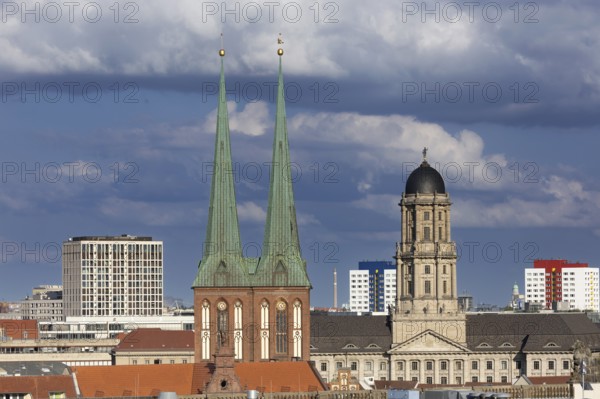 St. Nicholas Church and Stadthaus, view from the Humboldt Forum, Berlin, Germany, 08.09.2025 <
