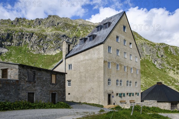 View of building Ospizio Hospiz Herberge San Gottardo St. Gotthard built from 1230 in the 13th