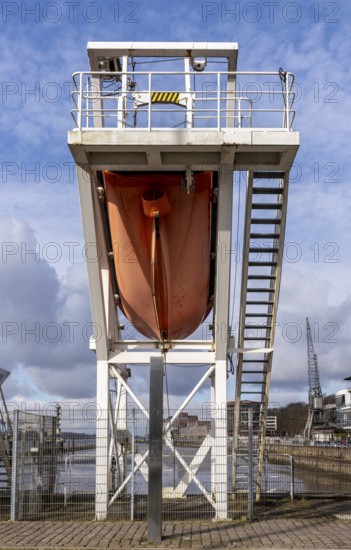 Ma-co boat system, lifeboat at Dockland, Hamburg, Germany