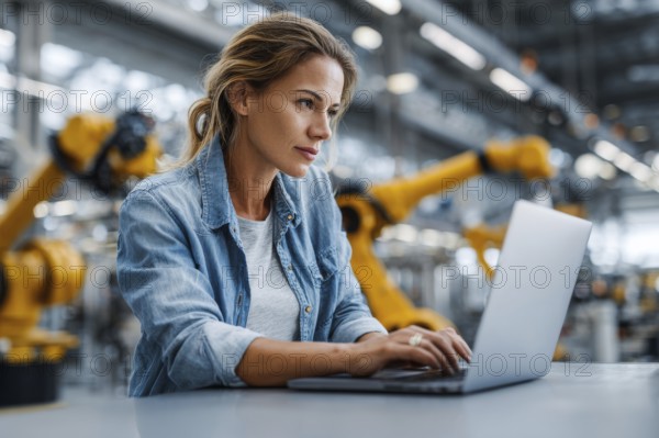 Electronics Factory Manager Working on Laptop at an Industrial Manufacture with Robotic Arms.