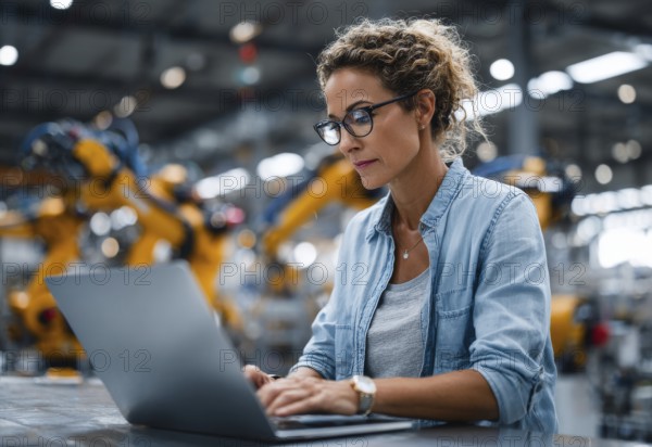 Electronics Factory Manager Working on Laptop at an Industrial Manufacture with Robotic Arms.