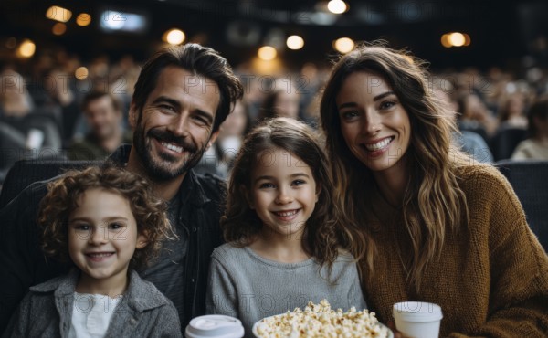 Family eating popcorn while watching the movie. Quality family time, AI generated